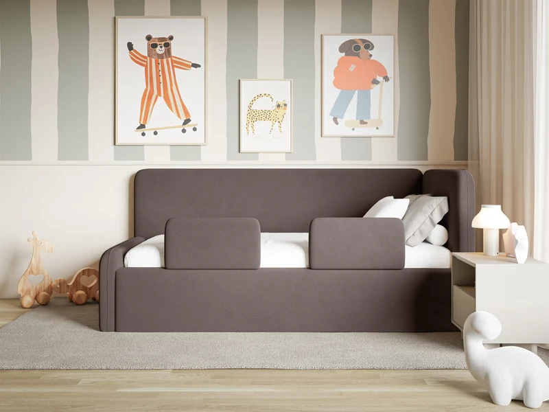 Jugendbett 90x200 cm Fanklo rechtsseitig mit Stauraum und Geländern, brauner Velours, wasserabweisend und leicht zu reinigen