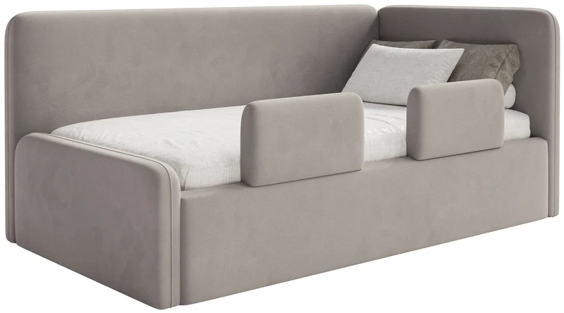 Jugendbett 90x200 cm Fanklo rechtsseitig mit Stauraum und Geländern, grau-beiger Velours, wasserabweisend und leicht zu reinigen