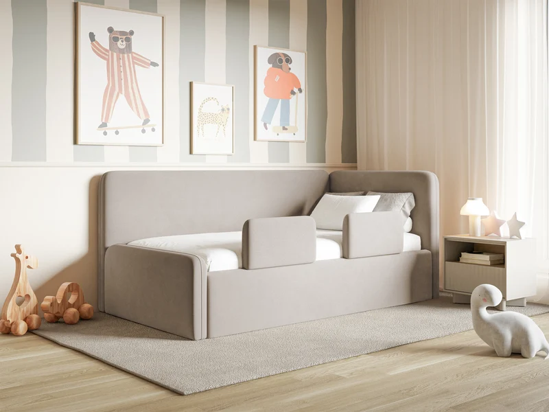 Jugendbett 90x200 cm Fanklo rechtsseitig mit Stauraum und Geländern, grau-beiger Velours, wasserabweisend und leicht zu reinigen