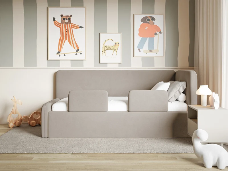 Jugendbett 90x200 cm Fanklo rechtsseitig mit Stauraum und Geländern, grau-beiger Velours, wasserabweisend und leicht zu reinigen