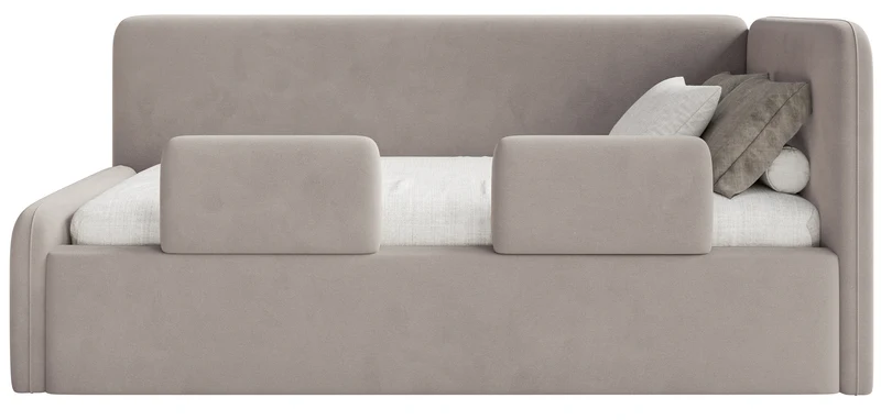 Jugendbett 90x200 cm Fanklo rechtsseitig mit Stauraum und Geländern, grau-beiger Velours, wasserabweisend und leicht zu reinigen