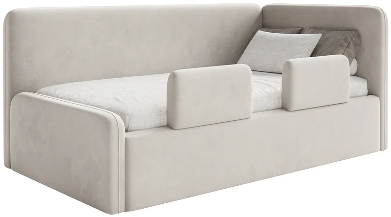 Jugendbett 90x200 cm Fanklo rechtsseitig mit Matratze, Stauraum und hellbeigen, wasserabweisenden, pflegeleichten Samt-Gittern