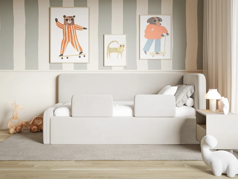 Jugendbett 90x200 cm Fanklo rechtsseitig mit Matratze, Stauraum und hellbeigen, wasserabweisenden, pflegeleichten Samt-Gittern