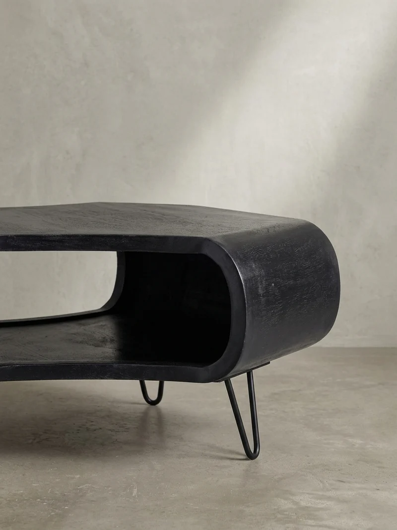 Couchtisch Schwarz Massivholz Mango mit Stauraum 60x60x35 cm Haarnadelbeine