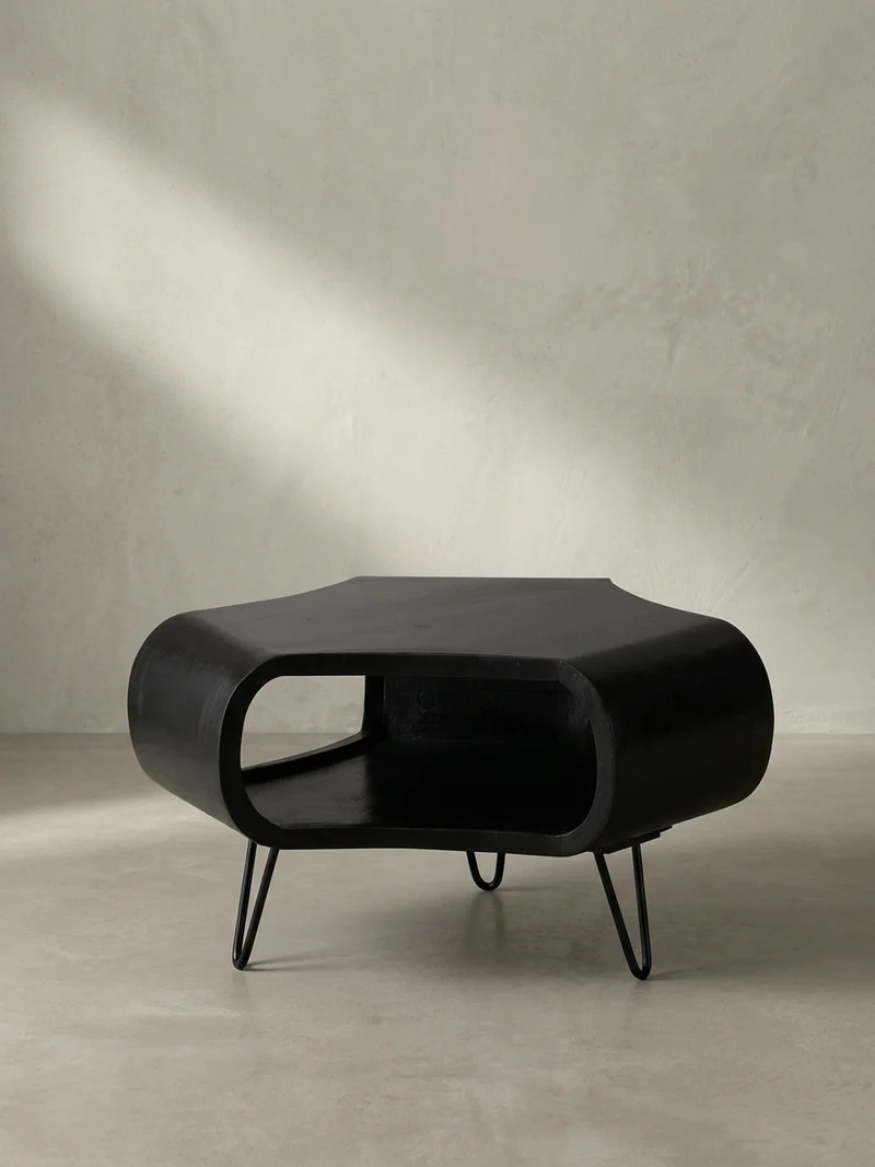 Couchtisch Schwarz Massivholz Mango mit Stauraum 60x60x35 cm Haarnadelbeine