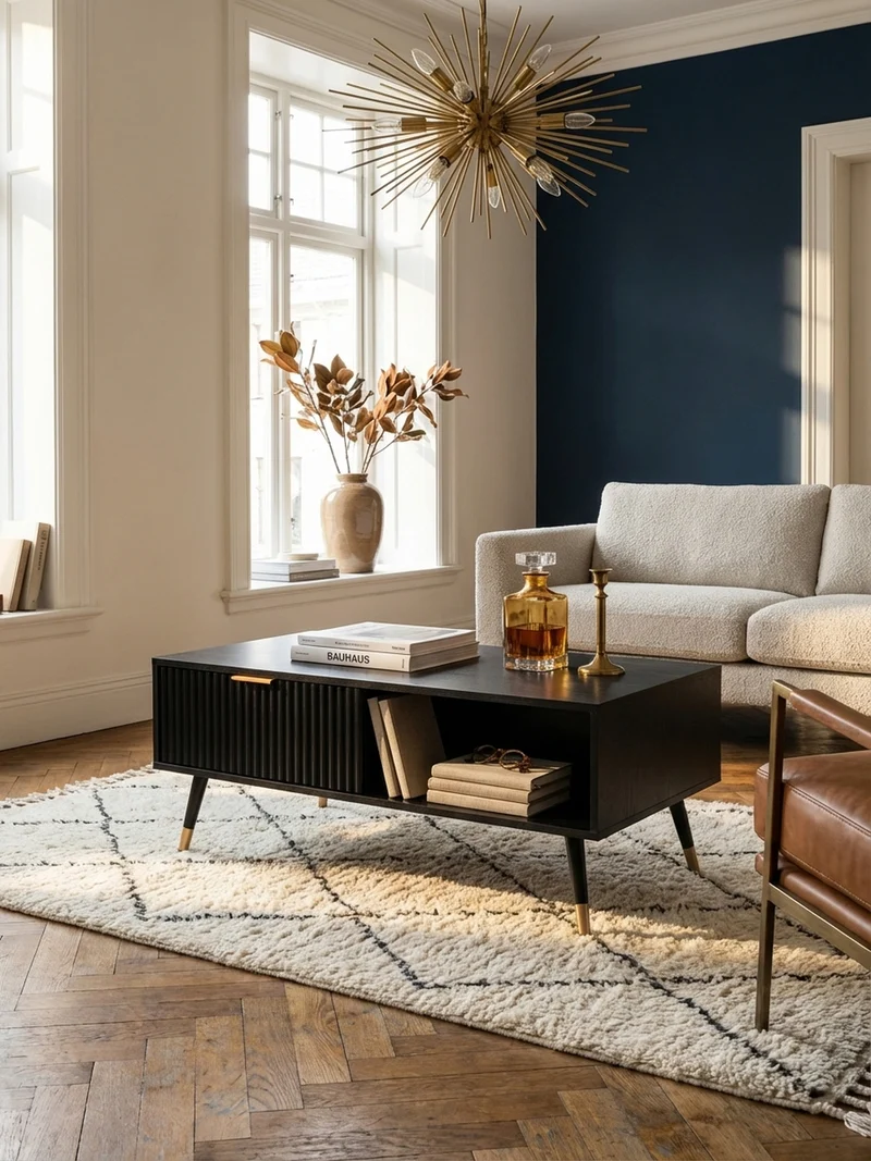 Couchtisch Schwarz Eiche-Dekor mit Stauraum 110x60x43 cm Metallbeine