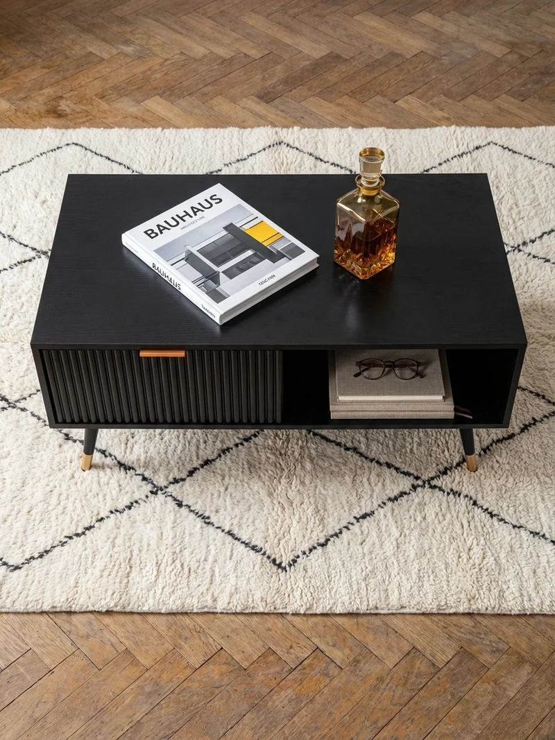 Couchtisch Schwarz Eiche-Dekor mit Stauraum 110x60x43 cm Metallbeine