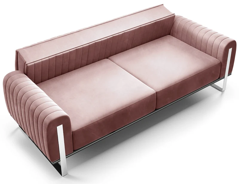 Dreier-Sofa Parissa, rosa Samt, Beine Chrom