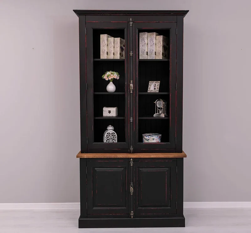 Vintage Bücherschrank aus Massivholz | Vitrine | 2-teilig