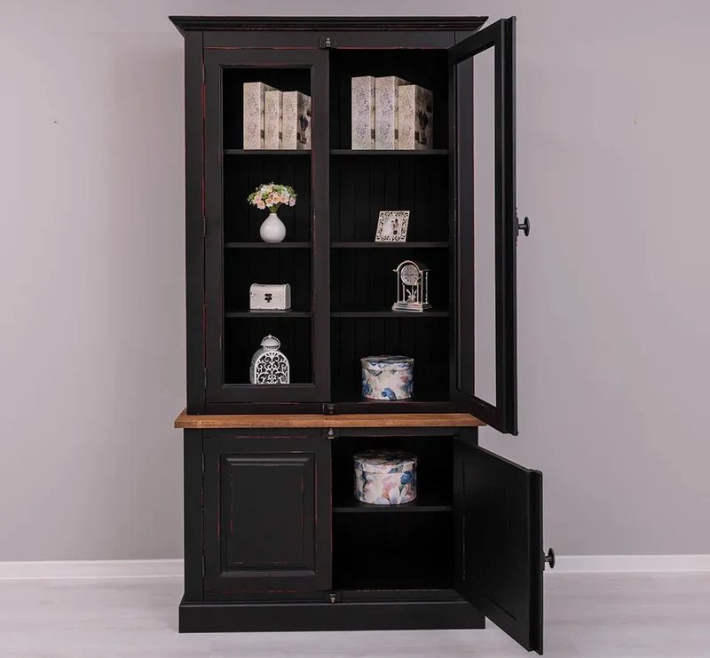 Vintage Bücherschrank aus Massivholz | Vitrine | 2-teilig
