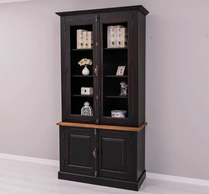 Vintage Bücherschrank aus Massivholz | Vitrine | 2-teilig