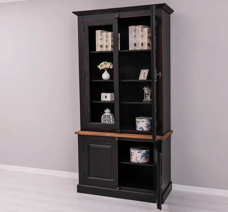 Vintage Bücherschrank aus Massivholz | Vitrine | 2-teilig