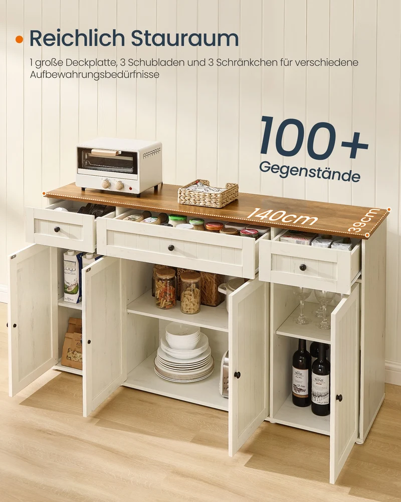 Sideboard – Küchenschrank mit Arbeitsplatte und verstellbaren Einlegeböden – Weiß und Honigbraun – Montage ohne Werkzeug
