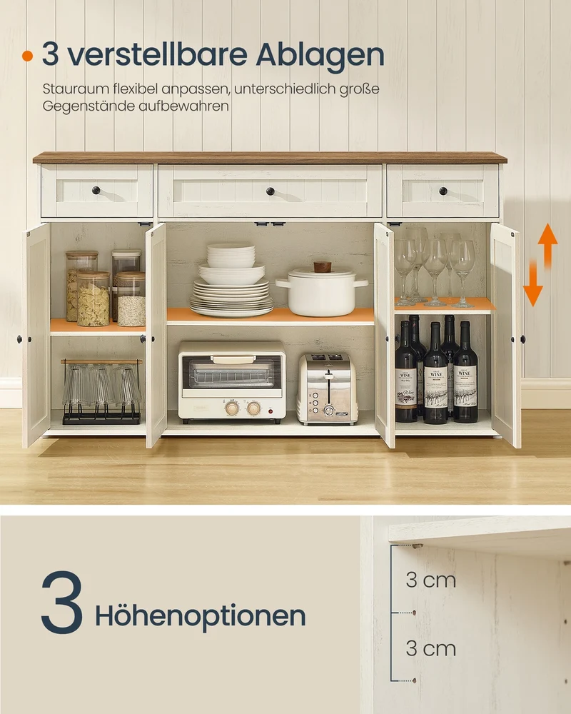 Sideboard – Küchenschrank mit Arbeitsplatte und verstellbaren Einlegeböden – Weiß und Honigbraun – Montage ohne Werkzeug