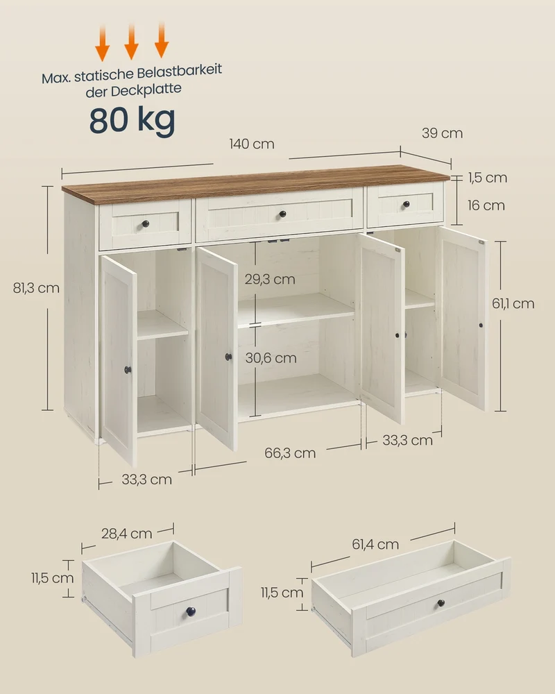 Sideboard – Küchenschrank mit Arbeitsplatte und verstellbaren Einlegeböden – Weiß und Honigbraun – Montage ohne Werkzeug
