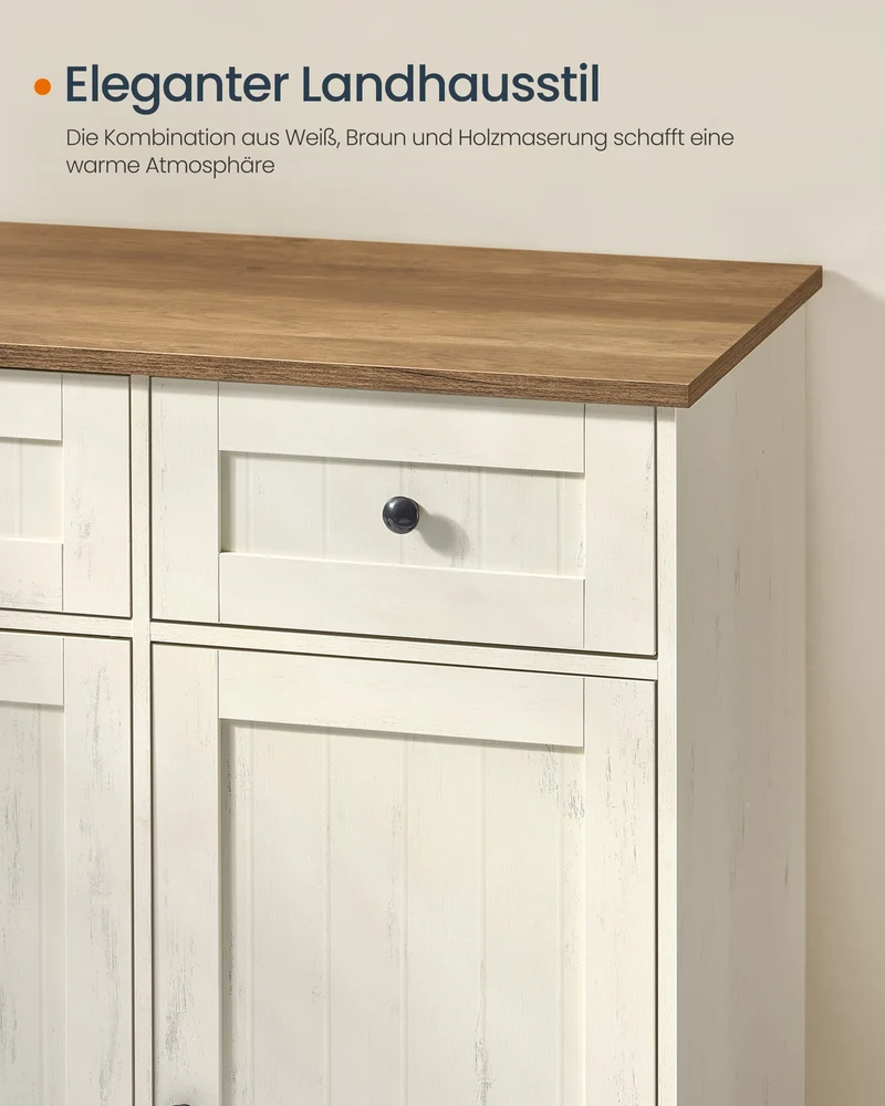 Sideboard – Küchenschrank mit Arbeitsplatte und verstellbaren Einlegeböden – Weiß und Honigbraun – Montage ohne Werkzeug