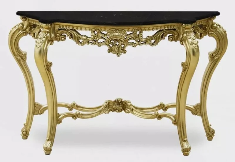Casa Padrino Luxus Barock Konsole Gold / Schwarz - Handgefertigter Massivholz Konsolentisch mit Marmorplatte - Luxus Wohnzimmer Möbel im Barockstil - Barock Möbel - Barock Einrichtung