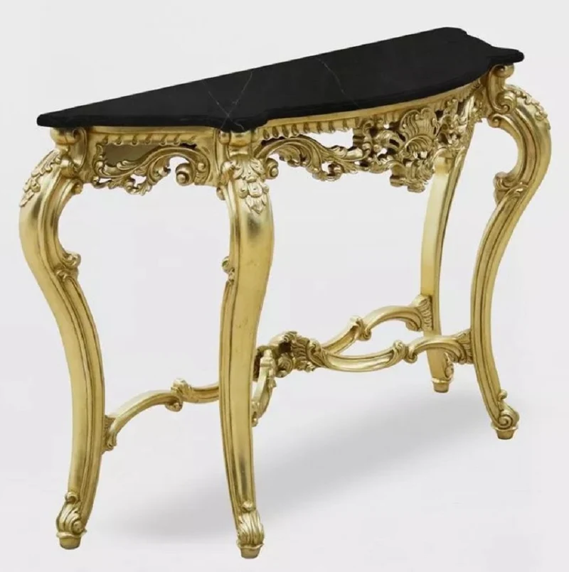 Casa Padrino Luxus Barock Konsole Gold / Schwarz - Handgefertigter Massivholz Konsolentisch mit Marmorplatte - Luxus Wohnzimmer Möbel im Barockstil - Barock Möbel - Barock Einrichtung