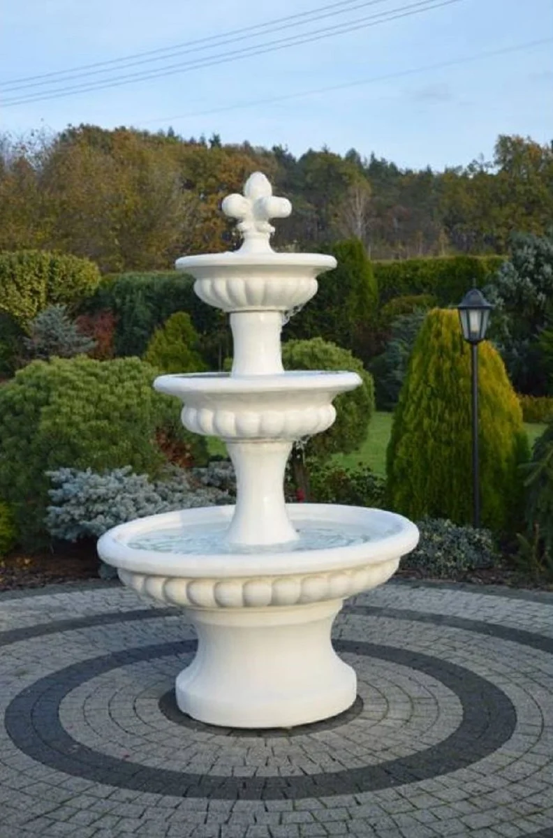 Casa Padrino Barock Springbrunnen Weiß Ø 120 x H. 205 cm - Prunkvoller Gartenbrunnen im Barockstil - Runder Gartendeko Stein Brunnen - Barock Garten Deko Accessoires