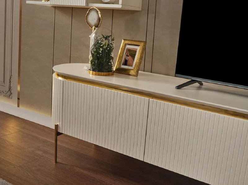 Casa Padrino Luxus TV Schrank Set Weiß / Gold - Wohnzimmer Sideboard mit Hängeschrank - Wohnzimmer Möbel - Hotel Möbel - Luxus Möbel