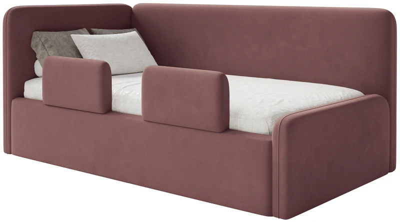 Jugendbett 90x200 cm Fanklo linksseitig mit Stauraum und Geländern, rosa Velours, wasserabweisend und leicht zu reinigen
