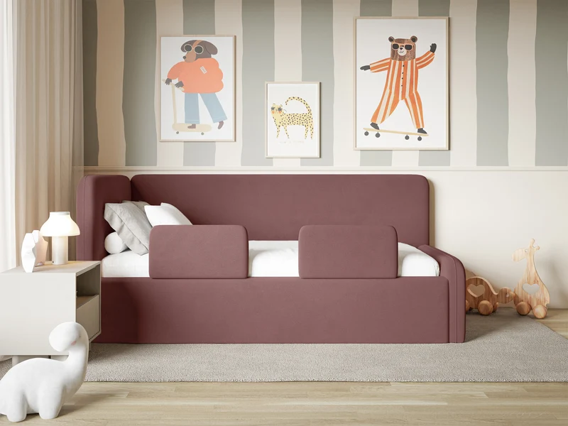 Jugendbett 90x200 cm Fanklo linksseitig mit Stauraum und Geländern, rosa Velours, wasserabweisend und leicht zu reinigen