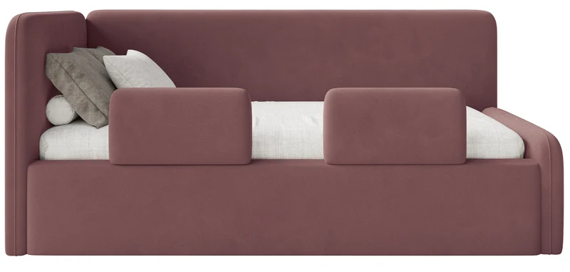 Jugendbett 90x200 cm Fanklo linksseitig mit Stauraum und Geländern, rosa Velours, wasserabweisend und leicht zu reinigen