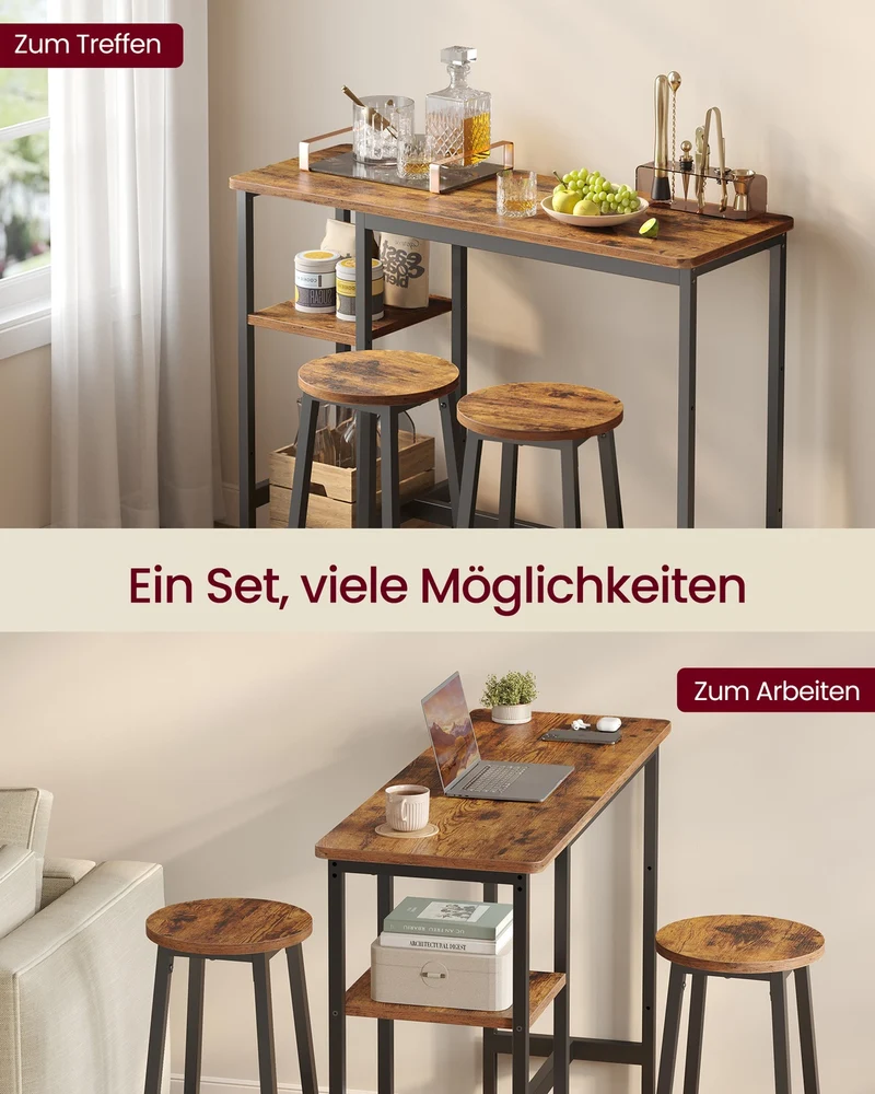 Bartisch mit 2 Barhockern – Essgruppe mit Ablagefach – Industriedesign – Kompaktes und robustes Design