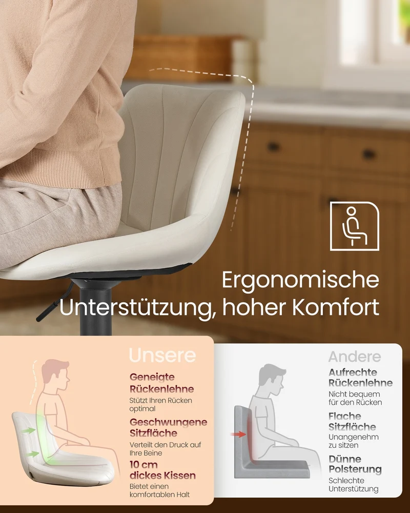 Samt-Barhocker-Set, 2er-Set – Höhenverstellbar & 360° drehbar – Mit Rückenlehne und Fußstütze