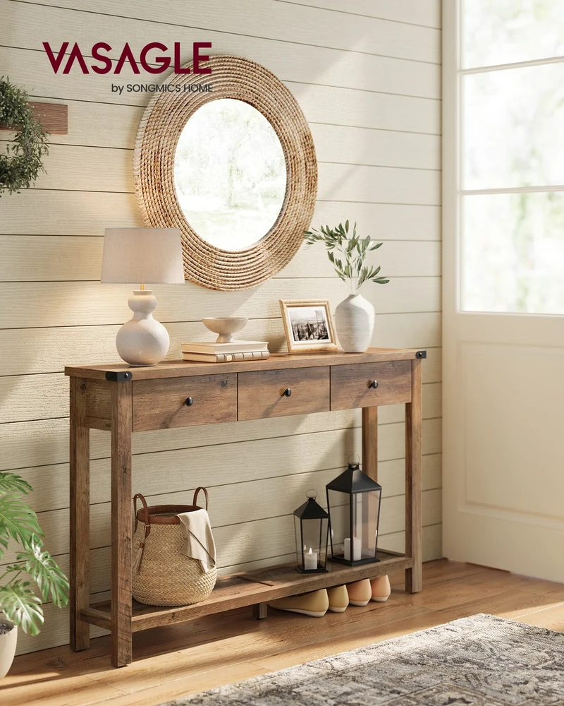 Wandtisch im Landhausstil – mit 3 Schubladen und offenem Fach – Massivholz – rustikaler Stil – Honigbraun