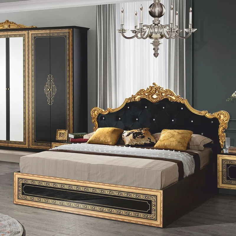 Casa Padrino Luxus Barock Doppelbett mit Glitzersteinen Schwarz / Gold - Barockstil Schlafzimmer Möbel