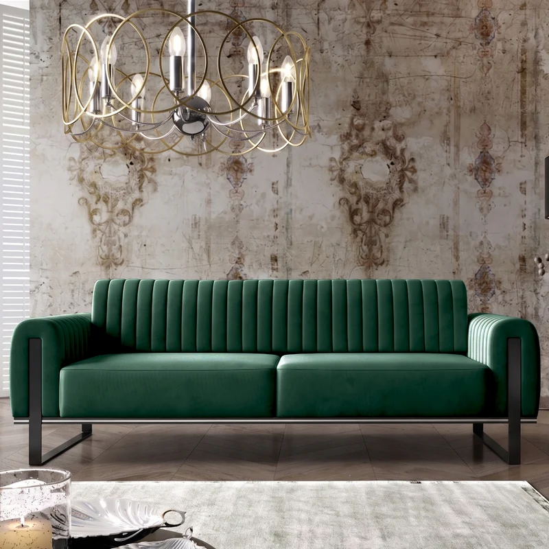 Dreisitiges Sofa Parissa, grüner Samt, schwarze Beine