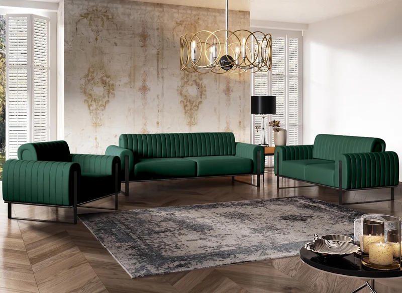 Zweisitziges Sofa Parissa, grüner Samt, schwarze Beine