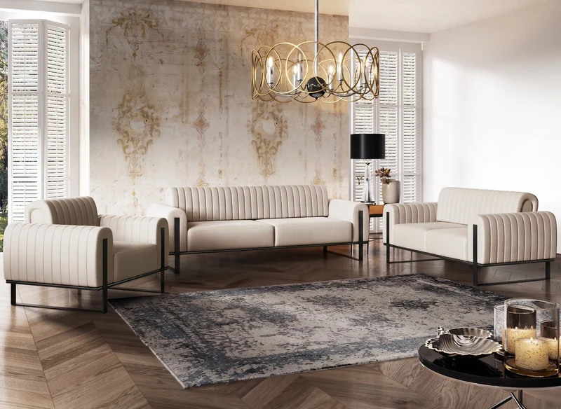 Dreissitziges Sofa Parissa, hellbeiger Samt, schwarze Beine
