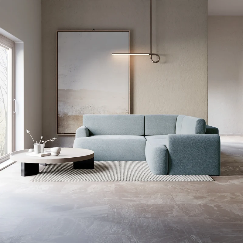 Ecksofa mit Schlaffunktion, L-förmig, universell, hellblauer Chenille-Stoff Kaveo