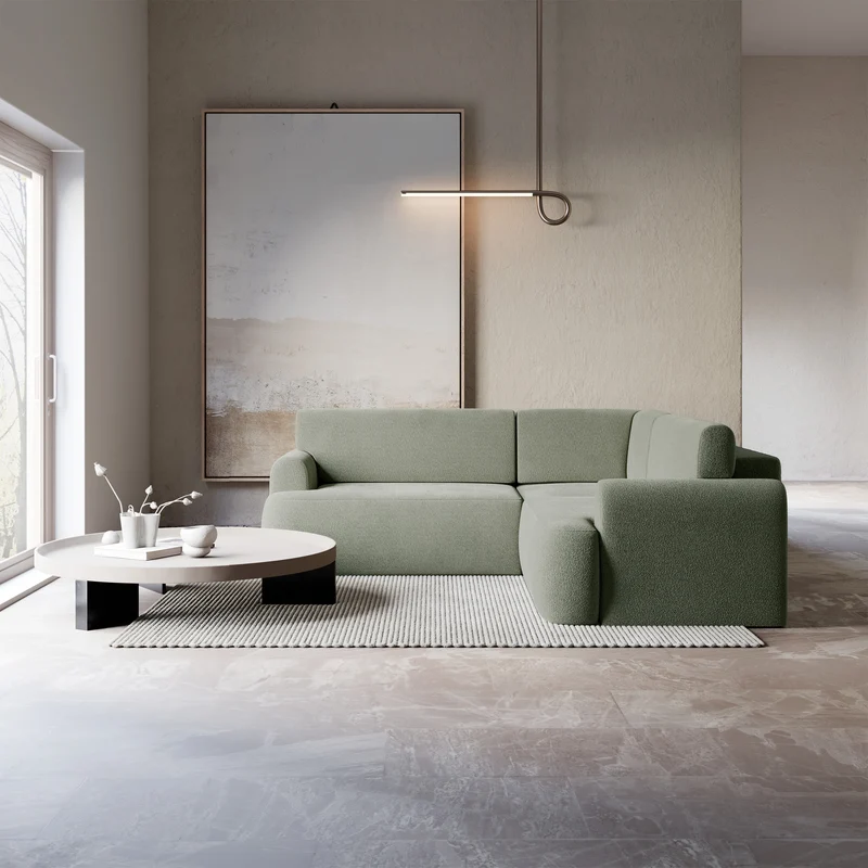Ecksofa mit Schlaffunktion, Eckcouch Kaveo L-förmig, universell, Salbeigrün, Chenille