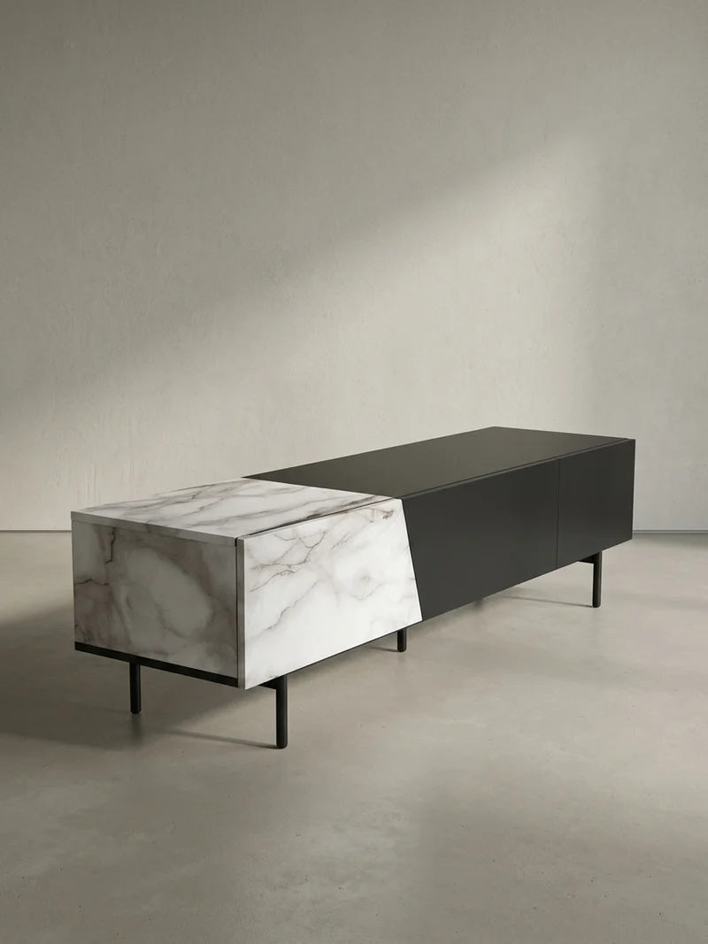 TV-Lowboard mit Marmor/Eiche-Dekor, Türen und Schublade, modern