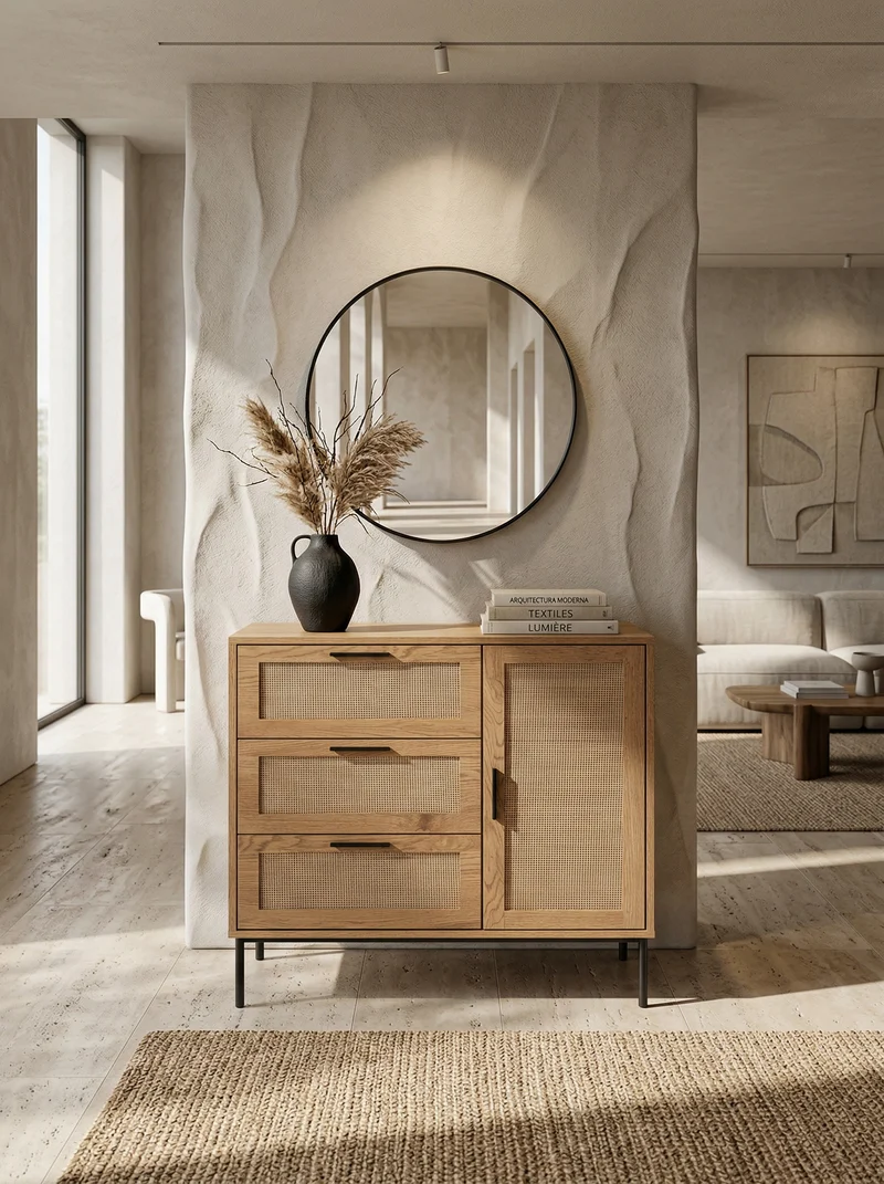Kommode – Eiche-Dekor/Rattan, 80x82x36 cm, 3 Schubladen, 1 Tür, modern