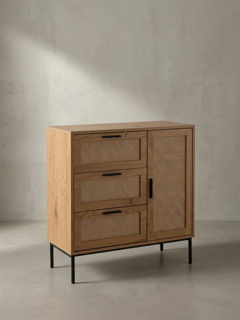 Kommode – Eiche-Dekor/Rattan, 80x82x36 cm, 3 Schubladen, 1 Tür, modern