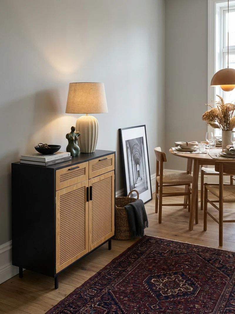 Sideboard – Schwarz, 80x86,5x40 cm, mit Wiener Geflecht, 2 Türen, Schubladen, hoch