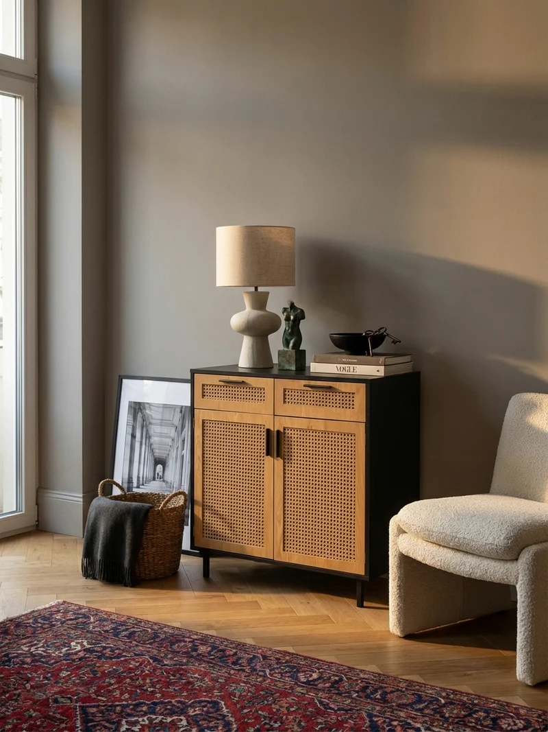 Sideboard – Schwarz, 80x86,5x40 cm, mit Wiener Geflecht, 2 Türen, Schubladen, hoch