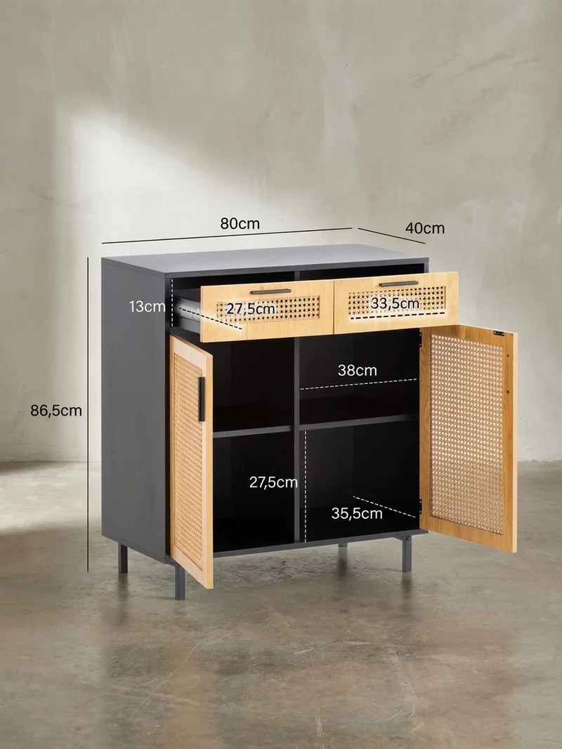 Sideboard – Schwarz, 80x86,5x40 cm, mit Wiener Geflecht, 2 Türen, Schubladen, hoch