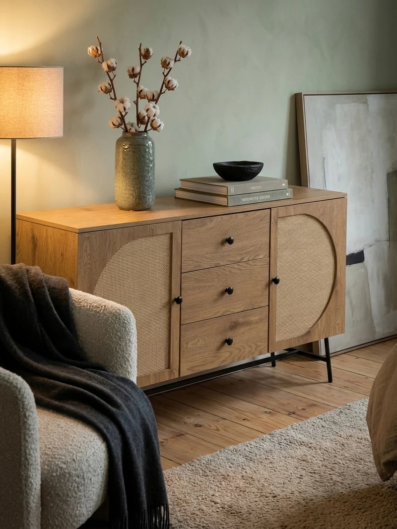 Sideboard – Eiche-Dekor/Rattan, 140x80x40 cm, 2 Türen, 3 Schubladen, hoch