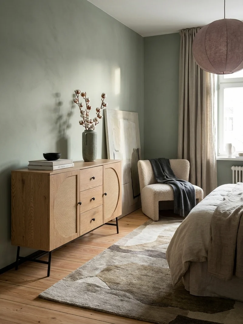 Sideboard – Eiche-Dekor/Rattan, 140x80x40 cm, 2 Türen, 3 Schubladen, hoch
