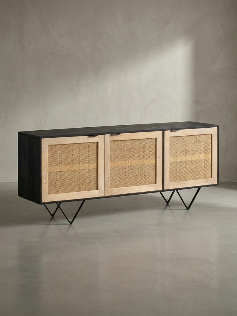 Sideboard – Mango Massivholz/Rattan, 175x75x45 cm, 3 Türen, schwarz/braun