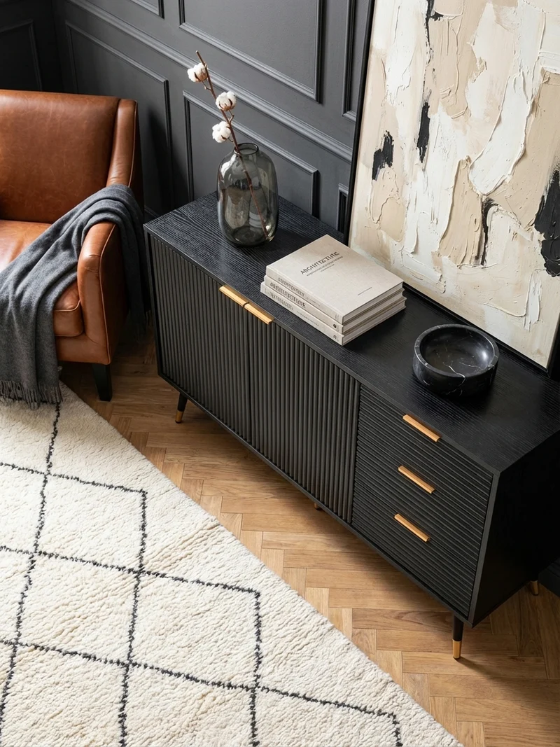 Sideboard – Schwarz/Eiche-Dekor, 120x80x40 cm, mit Türen und Schubladen, Metallbeine