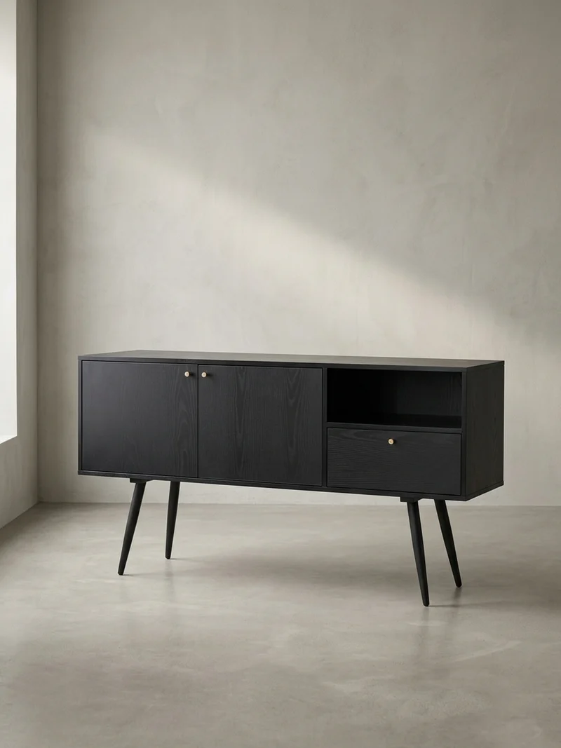Sideboard – Schwarz/Eiche-Dekor, 140x75x40 cm, mit 2 Türen, Schublade, offenes Fach