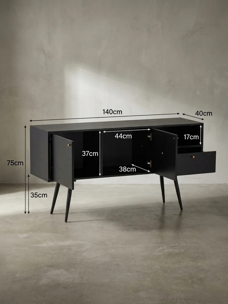 Sideboard – Schwarz/Eiche-Dekor, 140x75x40 cm, mit 2 Türen, Schublade, offenes Fach