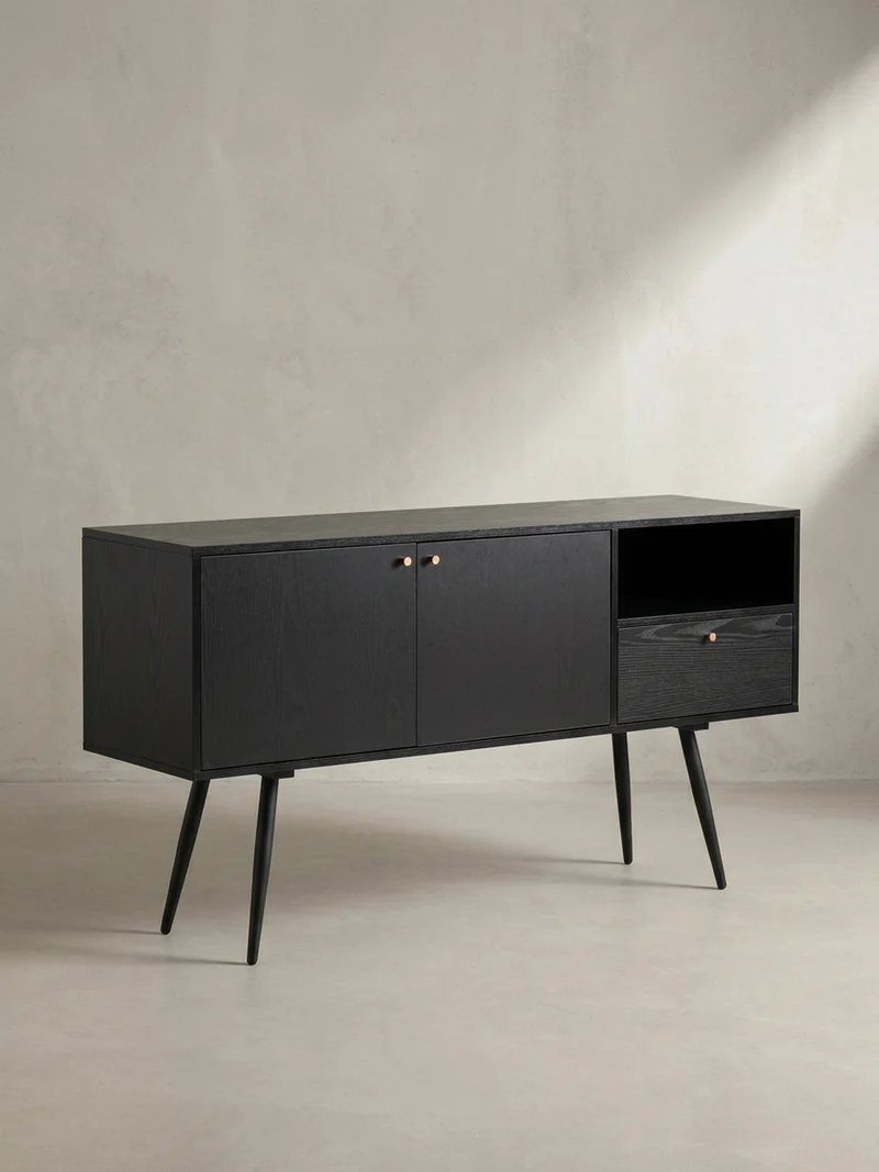 Sideboard – Schwarz/Eiche-Dekor, 140x75x40 cm, mit 2 Türen, Schublade, offenes Fach