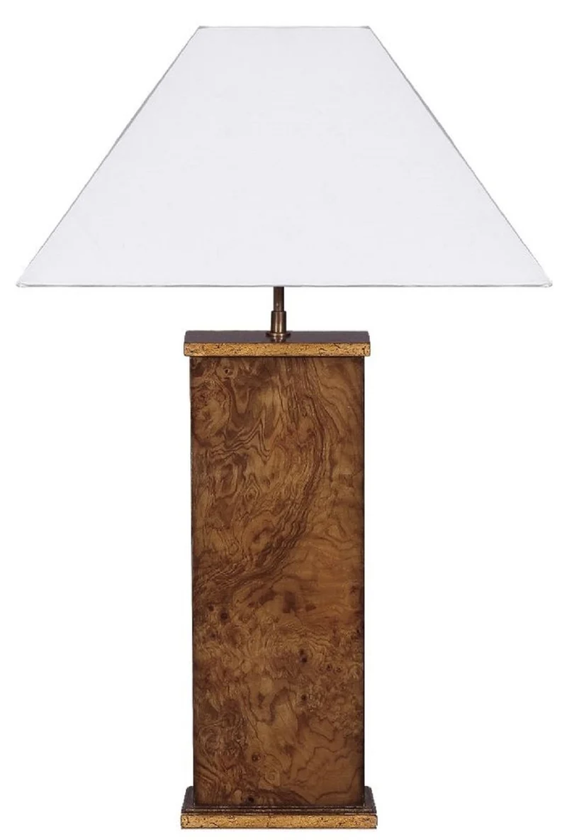 Casa Padrino Luxus Tischleuchte Braun / Weiß 45 x 39 x H. 72 cm - Massivholz Schreibtischleuchte mit Lampenschirm - Luxus Tischleuchten - Luxus Schreibtischleuchten - Luxus Interior